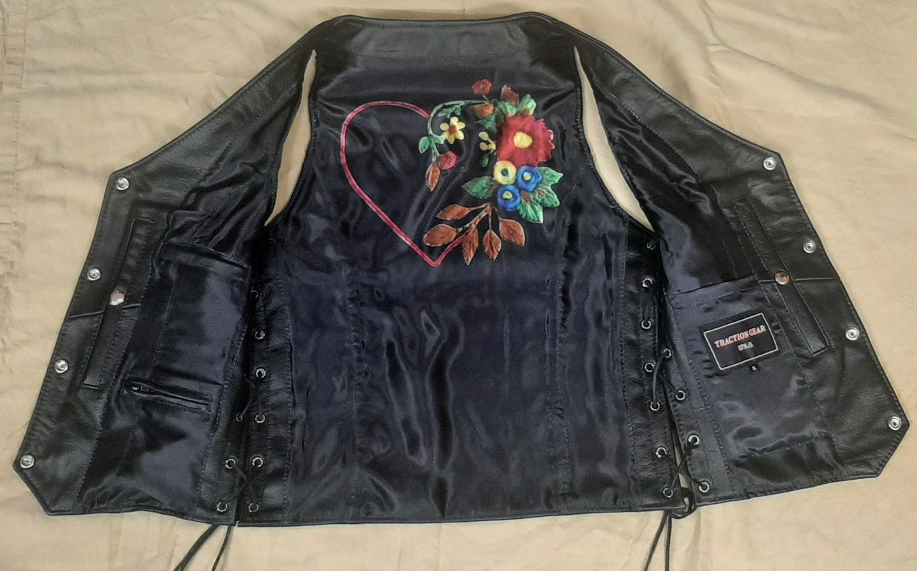 Ladies Leather Vest with Heart and Floral Detail on Liner 264